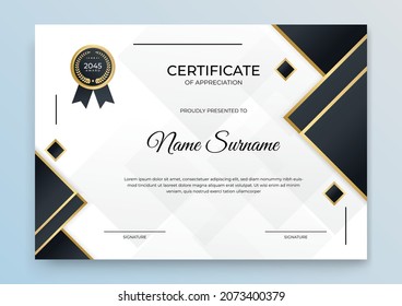 Certificate of appreciation template, gold and grey black color. Clean modern certificate with gold badge. Certificate border background with luxury and modern line pattern. Diploma vector template