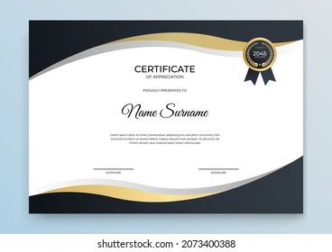Certificate of appreciation template, gold and grey black color. Clean modern certificate with gold badge. Certificate border background with luxury and modern line pattern. Diploma vector template