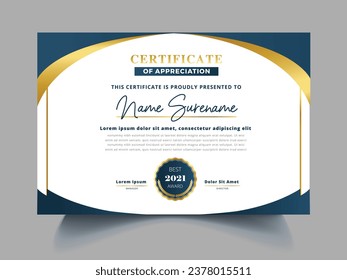 Certificate of appreciation template, gold and grey black color. Clean modern certificate with gold badge. Certificate border background with luxury and modern line pattern.