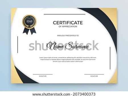 Certificate of appreciation template, gold and grey black color. Clean modern certificate with gold badge. Certificate border background with luxury and modern line pattern. Diploma vector template