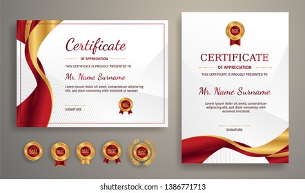 Certificate of appreciation template, gold and red color. Clean modern certificate with gold badge. Certificate border template with luxury and modern line pattern. Diploma vector template