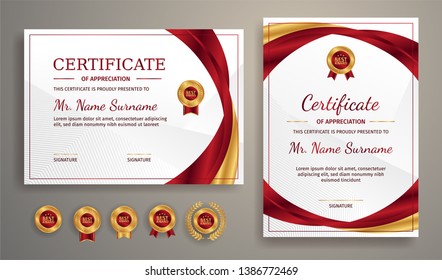 Certificate of appreciation template, gold and red color. Clean modern certificate with gold badge. Certificate border template with luxury and modern line pattern. Diploma vector template