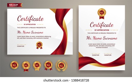 Certificate of appreciation template, gold and red color. Clean modern certificate with gold badge. Certificate border template with luxury and modern line pattern. Diploma vector template