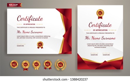 Certificate of appreciation template, gold and red color. Clean modern certificate with gold badge. Certificate border template with luxury and modern line pattern. Diploma vector template