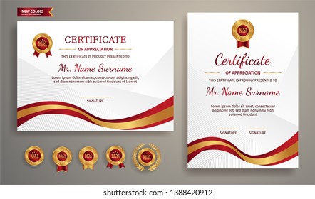 Certificate of appreciation template, gold and red color. Clean modern certificate with gold badge. Certificate border template with luxury and modern line pattern. Diploma vector template