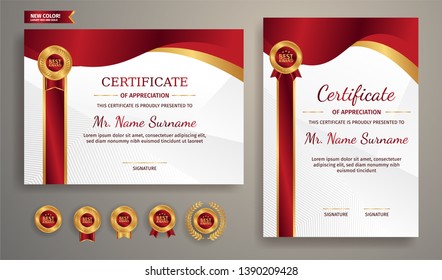 Certificate of appreciation template, gold and red color. Clean modern certificate with gold badge. Certificate border template with luxury and modern line pattern. Diploma vector template