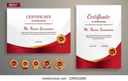 Certificate of appreciation template, gold and red color. Clean modern certificate with gold badge. Certificate border template with luxury and modern line pattern. Diploma vector template