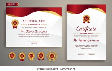 Certificate of appreciation template, gold and red color. Clean modern certificate with gold badge. Certificate border template with luxury and modern line pattern. Diploma vector template