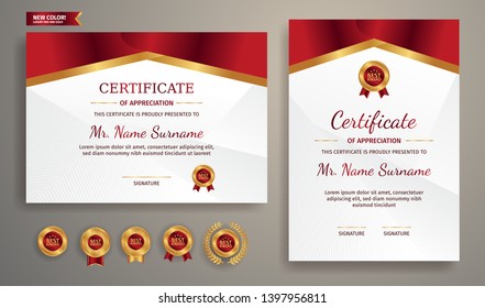 Certificate of appreciation template, gold and red color. Clean modern certificate with gold badge. Certificate border template with luxury and modern line pattern. Diploma vector template