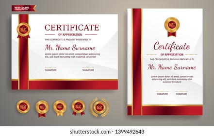 Certificate of appreciation template, gold and red color. Clean modern certificate with gold badge. Certificate border template with luxury and modern line pattern. Diploma vector template