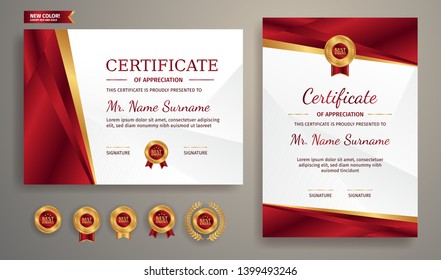 Certificate of appreciation template, gold and red color. Clean modern certificate with gold badge. Certificate border template with luxury and modern line pattern. Diploma vector template