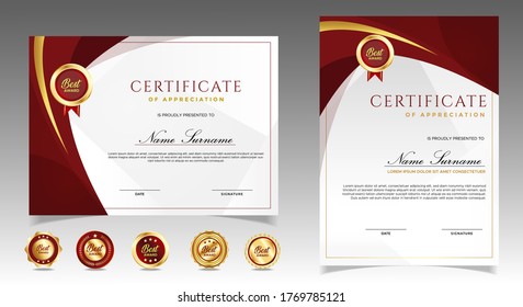 Certificate of appreciation template, gold and red color. Clean modern certificate with gold badge. Certificate border template with luxury and modern line pattern. Diploma vector template