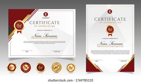 Certificate of appreciation template, gold and red color. Clean modern certificate with gold badge. Certificate border template with luxury and modern line pattern. Diploma vector template