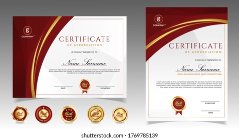 Certificate of appreciation template, gold and red color. Clean modern certificate with gold badge. Certificate border template with luxury and modern line pattern. Diploma vector template