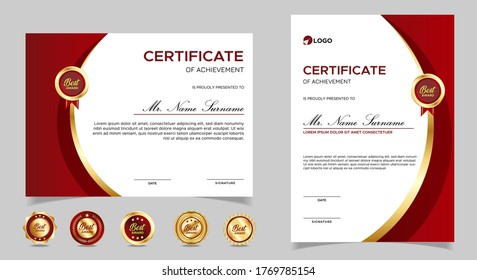 Certificate of appreciation template, gold and red color. Clean modern certificate with gold badge. Certificate border template with luxury and modern line pattern. Diploma vector template