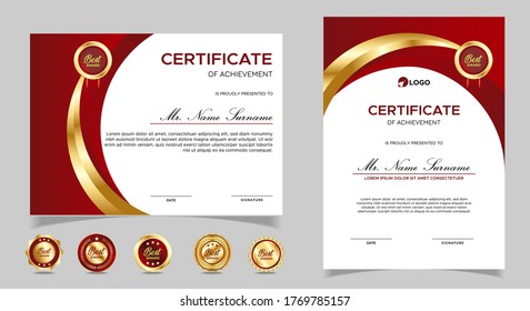 Certificate of appreciation template, gold and red color. Clean modern certificate with gold badge. Certificate border template with luxury and modern line pattern. Diploma vector template