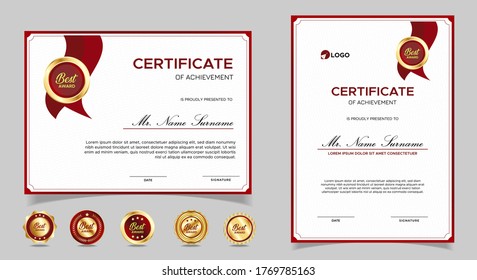 Certificate of appreciation template, gold and red color. Clean modern certificate with gold badge. Certificate border template with luxury and modern line pattern. Diploma vector template