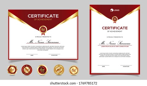 Certificate of appreciation template, gold and red color. Clean modern certificate with gold badge. Certificate border template with luxury and modern line pattern. Diploma vector template