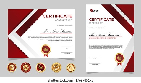 Certificate of appreciation template, gold and red color. Clean modern certificate with gold badge. Certificate border template with luxury and modern line pattern. Diploma vector template