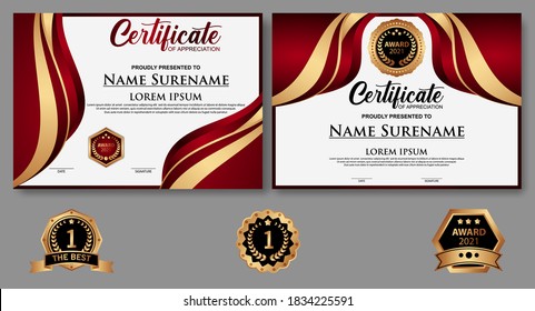 Certificate of appreciation template, gold and red color. Clean modern certificate with gold badge. Certificate border template with luxury and modern line pattern. Diploma vector template