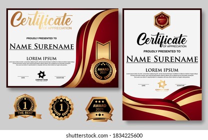 Plantilla de certificado de apreciación, dorado y color rojo. Certificado moderno limpio con insignia de oro. Plantilla de borde de certificado con diseño de línea de lujo y moderno. Plantilla vectorial de Diploma