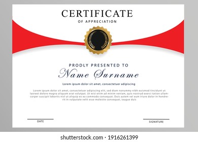 Certificate of appreciation template, gold and Red color. Clean modern certificate with gold badge. Certificate border template with luxury and modern line pattern.