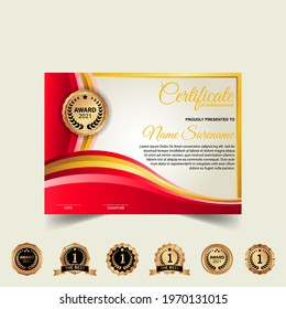 Certificate of appreciation template, gold and red color. Clean modern certificate with gold badge. Certificate border template with luxury and modern line pattern. Diploma vector template