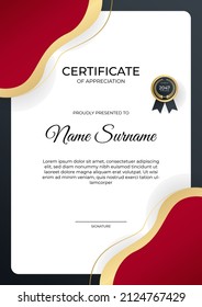 Bescheinigung der Wertschätzung Vorlage, Gold und Rot. Sauberes, modernes Zertifikat mit Goldabzeichen. Zertifikatsgrenzenvorlage mit luxuriösem und modernem Linienmuster. Diplomvektorvorlage