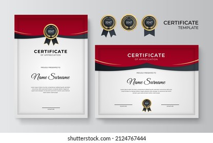 Certificate of appreciation template, gold and red color. Clean modern certificate with gold badge. Certificate border template with luxury and modern line pattern. Diploma vector template