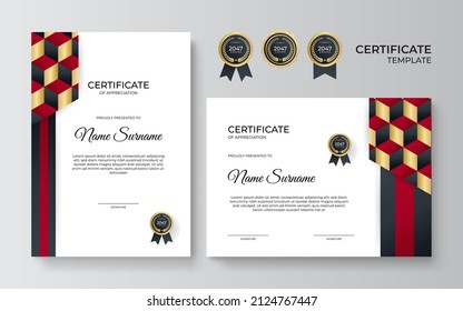 Plantilla de certificado de apreciación, dorado y color rojo. Certificado moderno limpio con insignia de oro. Plantilla de borde de certificado con diseño de línea de lujo y moderno. Plantilla vectorial de Diploma