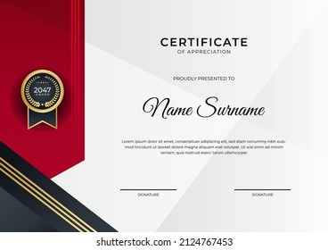 Certificate of appreciation template, gold and red color. Clean modern certificate with gold badge. Certificate border template with luxury and modern line pattern. Diploma vector template