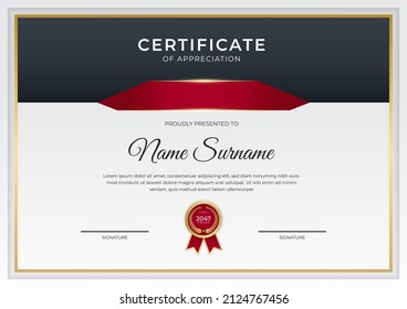 Plantilla de certificado de apreciación, dorado y color rojo. Certificado moderno limpio con insignia de oro. Plantilla de borde de certificado con diseño de línea de lujo y moderno. Plantilla vectorial de Diploma