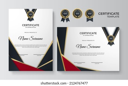 Certificate of appreciation template, gold and red color. Clean modern certificate with gold badge. Certificate border template with luxury and modern line pattern. Diploma vector template