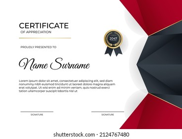 Certificate of appreciation template, gold and red color. Clean modern certificate with gold badge. Certificate border template with luxury and modern line pattern. Diploma vector template