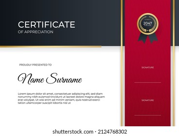 Certificate of appreciation template, gold and red color. Clean modern certificate with gold badge. Elegant certificate template design in red, black and gold color