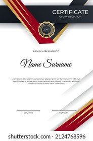Plantilla de certificado de apreciación, dorado y color rojo. Certificado moderno limpio con insignia de oro. Plantilla de borde de certificado con diseño de línea de lujo y moderno. Plantilla vectorial de Diploma