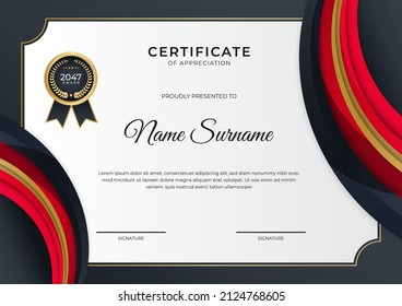 Certificate of appreciation template, gold and red color. Clean modern certificate with gold badge. Certificate border template with luxury and modern line pattern. Diploma vector template