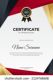 Certificate of appreciation template, gold and red color. Clean modern certificate with gold badge. Certificate border template with luxury and modern line pattern. Diploma vector template