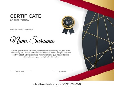 Certificate of appreciation template, gold and red color. Clean modern certificate with gold badge. Certificate border template with luxury and modern line pattern. Diploma vector template