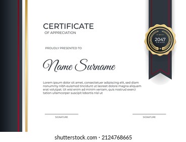 Certificate of appreciation template, gold and red color. Clean modern certificate with gold badge. Certificate border template with luxury and modern line pattern. Diploma vector template