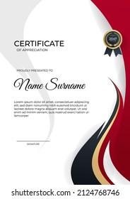 Certificate of appreciation template, gold and red color. Clean modern certificate with gold badge. Certificate border template with luxury and modern line pattern. Diploma vector template