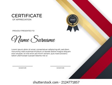 Plantilla de certificado de apreciación, dorado y color rojo. Certificado moderno limpio con insignia de oro. Plantilla de borde de certificado con diseño de línea de lujo y moderno. Plantilla de vector de negocio
