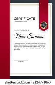 Certificate of appreciation template, gold and red color. Clean modern certificate with gold badge. Certificate border template with luxury and modern line pattern. Business vector template