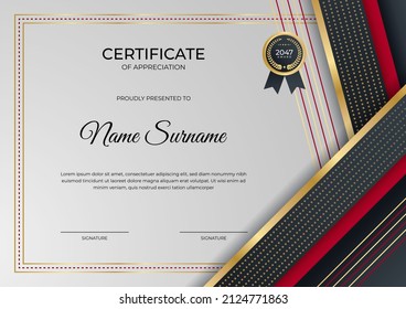 Certificate of appreciation template, gold and red color. Clean modern certificate with gold badge. Certificate border template with luxury and modern line pattern. Business vector template