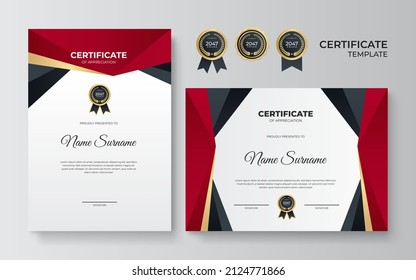 Plantilla de certificado de apreciación, dorado y color rojo. Certificado moderno limpio con insignia de oro. Plantilla de borde de certificado con diseño de línea de lujo y moderno. Plantilla de vector de negocio
