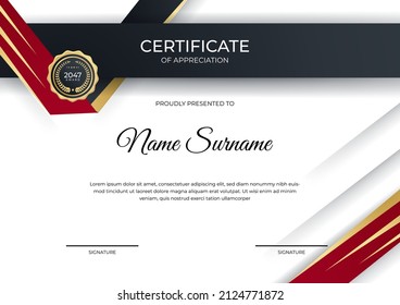 Certificate of appreciation template, gold and red color. Clean modern certificate with gold badge. Certificate border template with luxury and modern line pattern. Business vector template