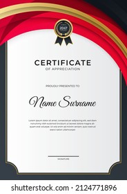 Certificate of appreciation template, gold and red color. Clean modern certificate with gold badge. Certificate border template with luxury and modern line pattern. Business vector template