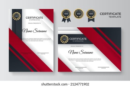 Plantilla de certificado de apreciación, dorado y color rojo. Certificado moderno limpio con insignia de oro. Plantilla de borde de certificado con diseño de línea de lujo y moderno. Plantilla de vector de negocio