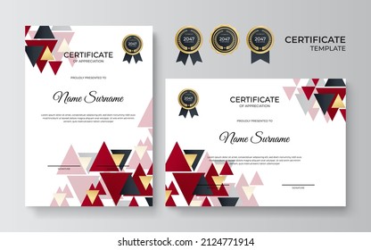 Plantilla de certificado de apreciación, dorado y color rojo. Certificado moderno limpio con insignia de oro. Plantilla de borde de certificado con diseño de línea de lujo y moderno. Plantilla de vector de negocio