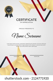 Certificate of appreciation template, gold and red color. Clean modern certificate with gold badge. Certificate border template with luxury and modern line pattern. Business vector template